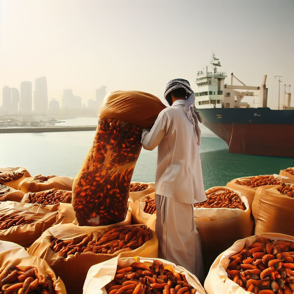 Trader overlooking a shipment of dates at a port in the Middle East, with sacks of dates ready for export